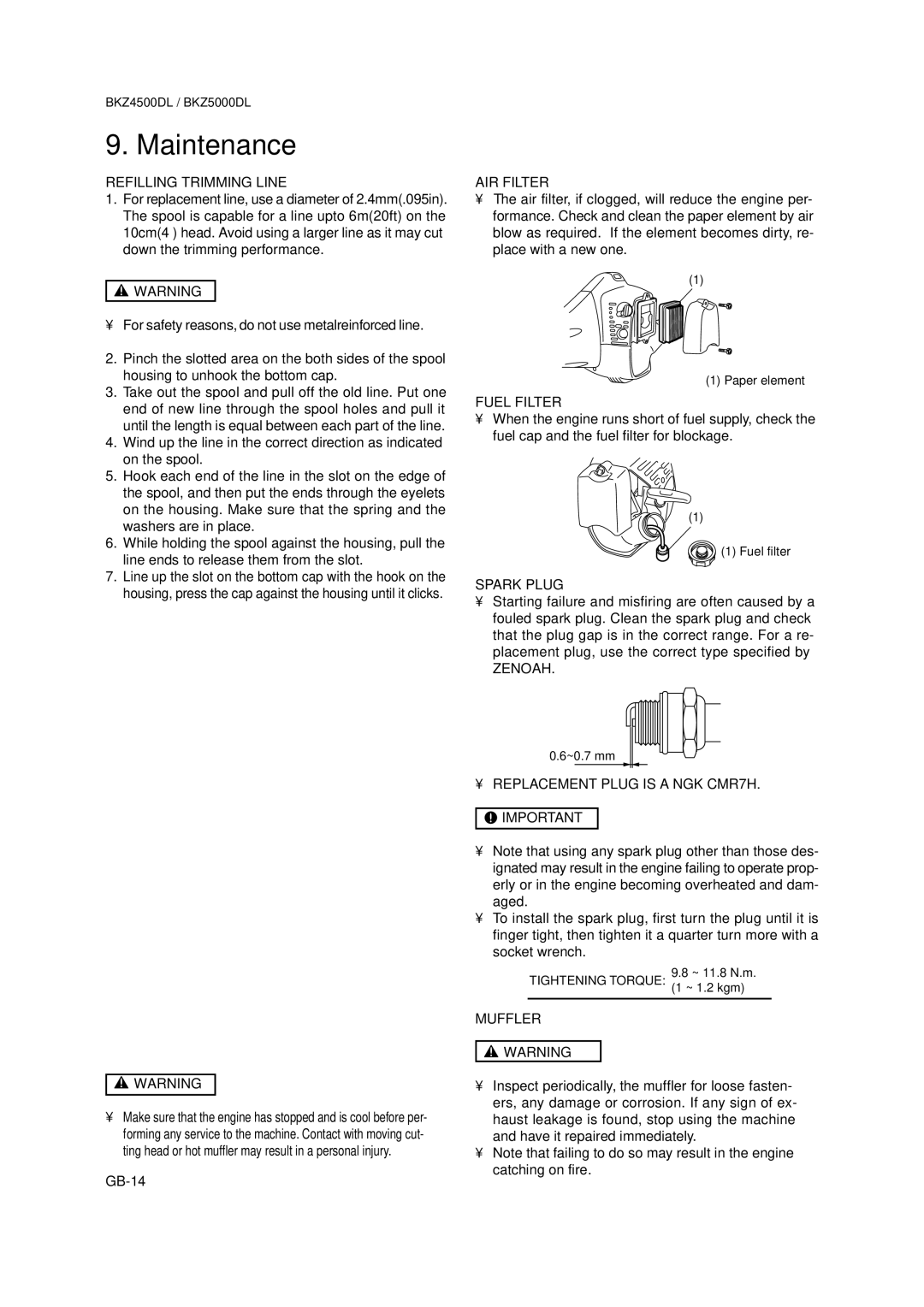 Zenoah BKZ5000DL Refilling Trimming Line, AIR Filter, Fuel Filter, Spark Plug, Replacement Plug is a NGK CMR7H, Muffler 