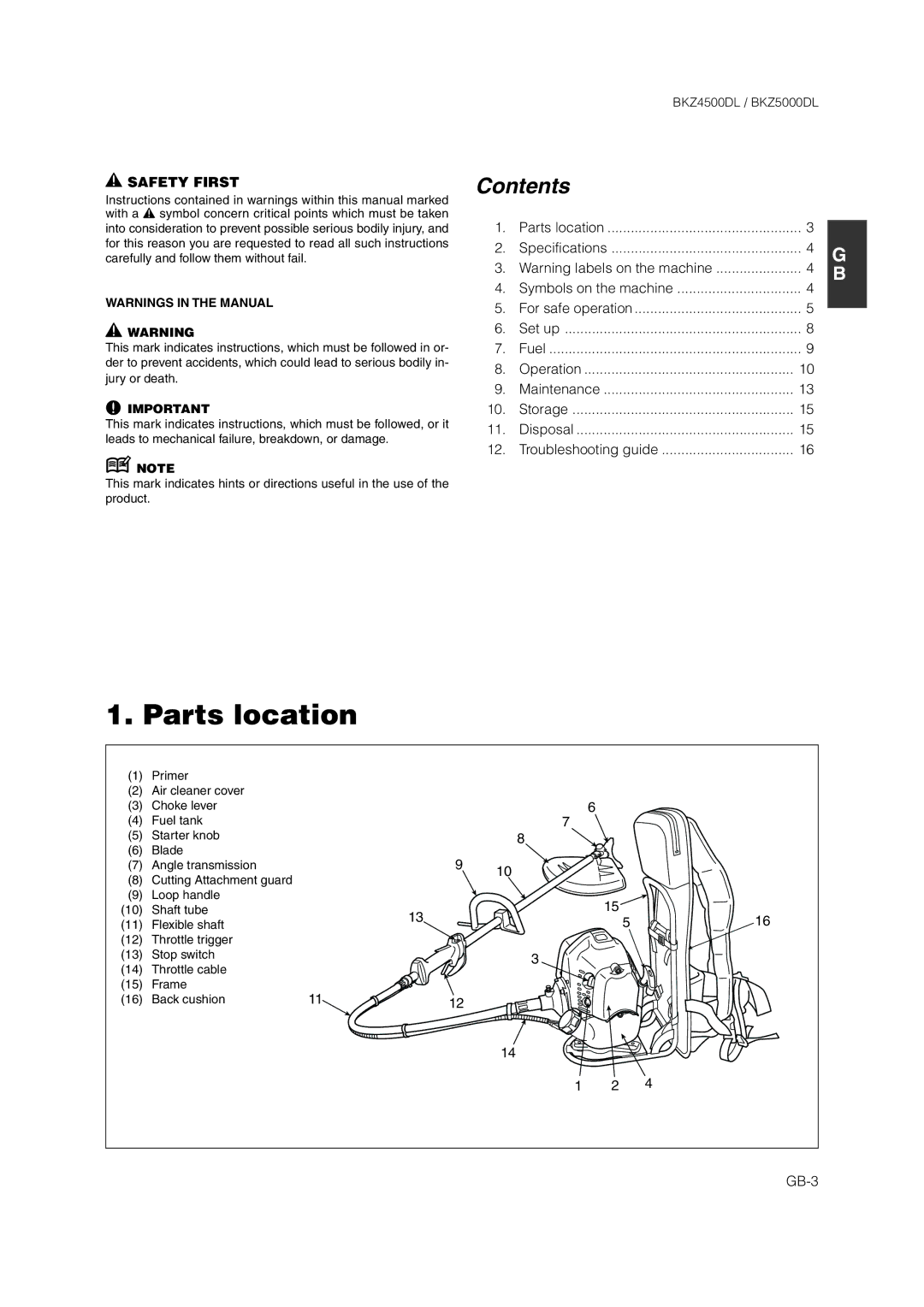 Zenoah BKZ5000DL owner manual Parts location, Contents 