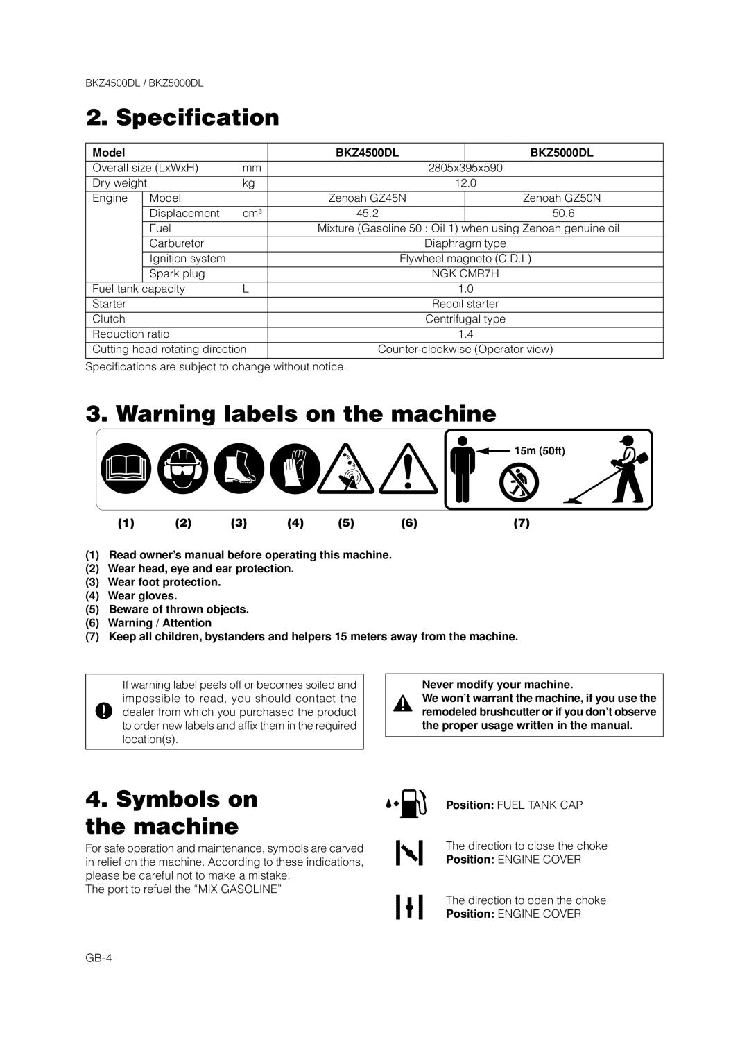 Zenoah owner manual Specification, Symbols on the machine, Model, BKZ4500DL BKZ5000DL, Never modify your machine 