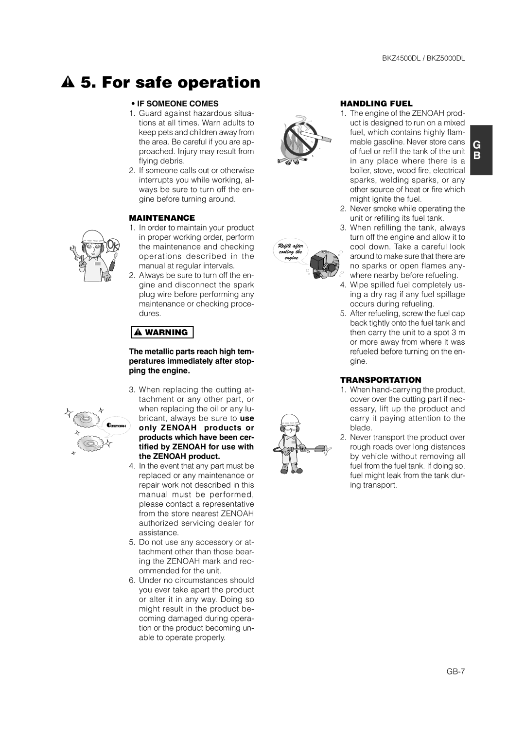 Zenoah BKZ5000DL owner manual If Someone Comes, Maintenance, Handling Fuel, Transportation 