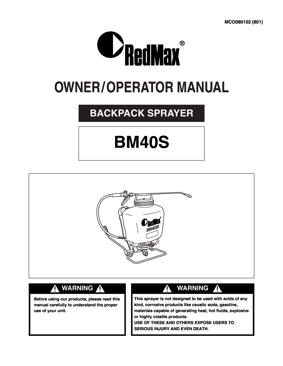 Zenoah BM40S manual Owner/Operator Manual, Backpack Sprayer, MCO080102 