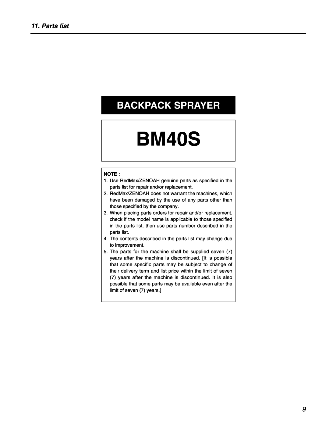 Zenoah BM40S manual Parts list, Backpack Sprayer 