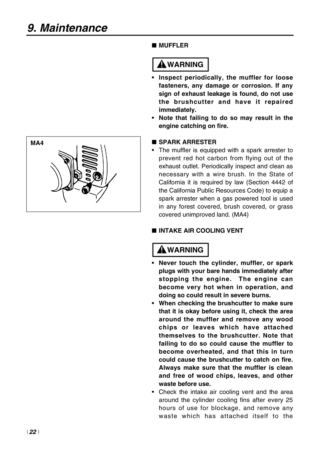 Zenoah BT225 manual MA4,  22 , Muffler, Spark Arrester, Intake AIR Cooling Vent 