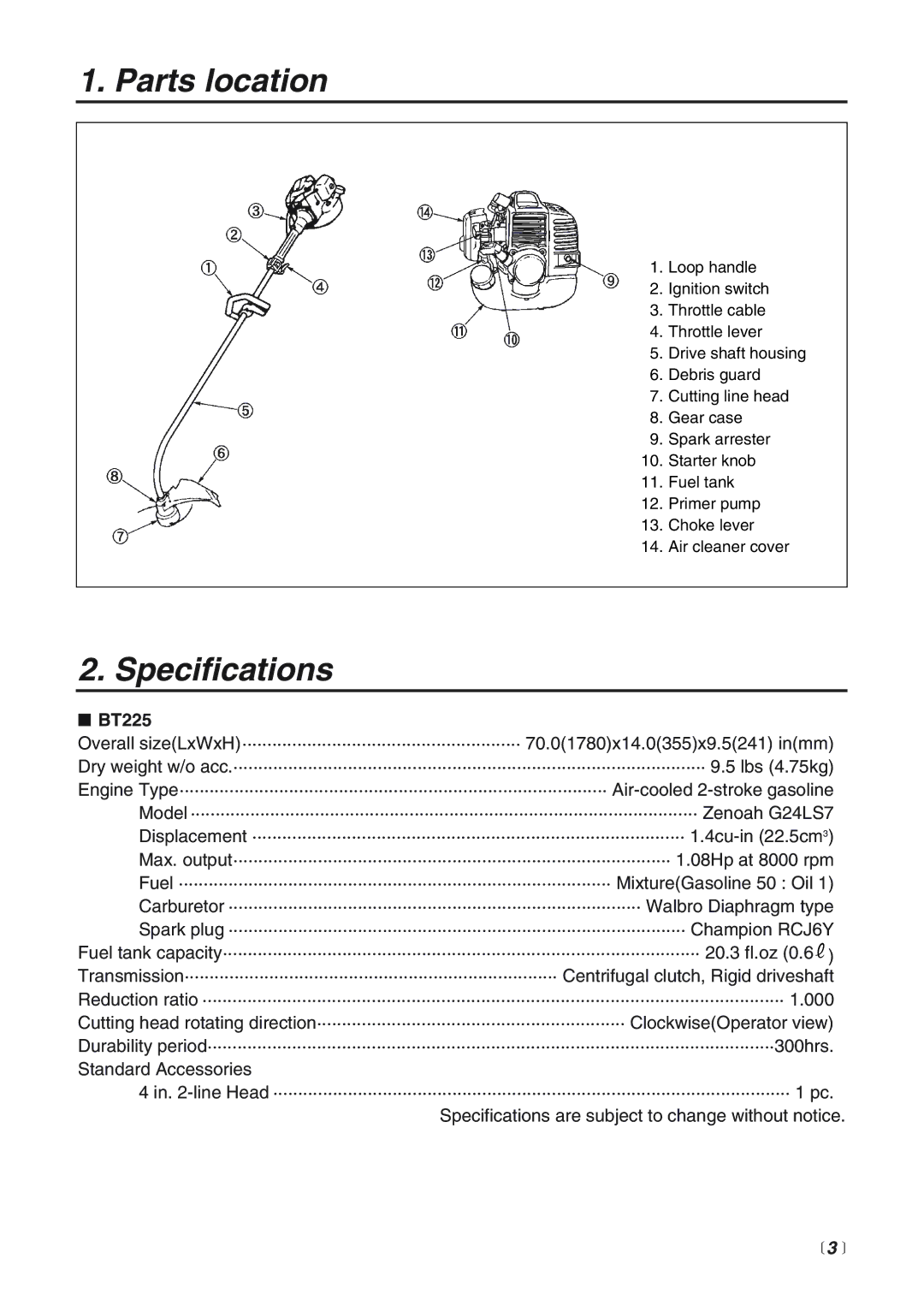 Zenoah BT225 manual Parts location, Specifications,  3  