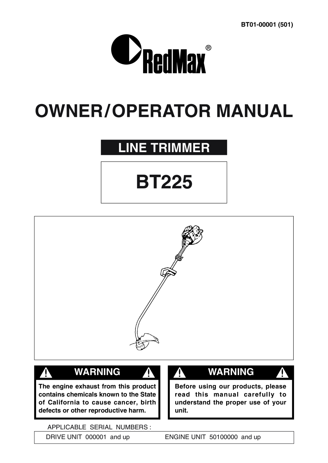 Zenoah BT225 manual Line Trimmer, Owner/Operator Manual, Warningwarning 