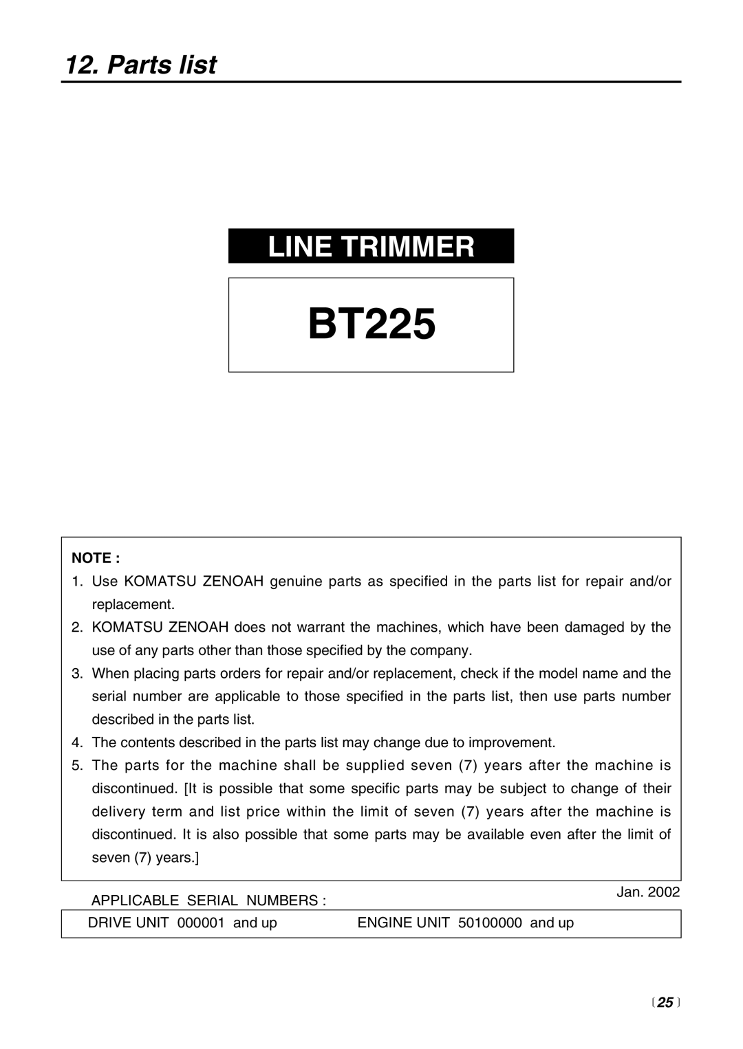 Zenoah BT225 manual Parts list,  25 , Line Trimmer 