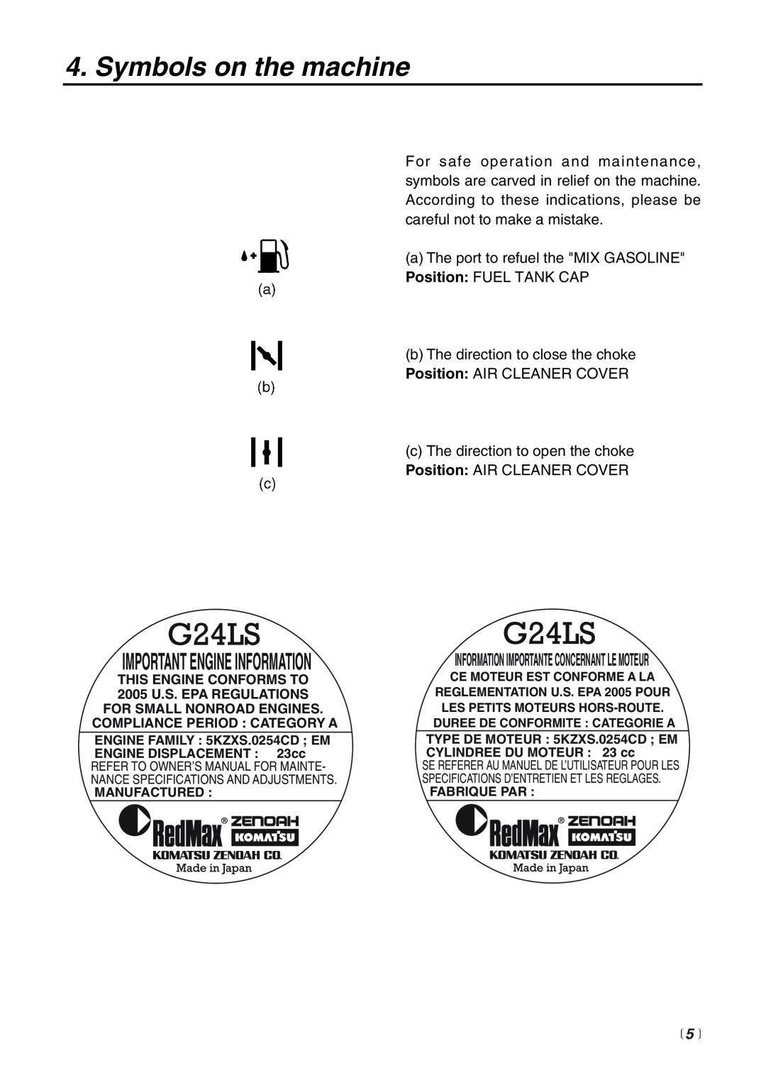 Zenoah BT225 manual Symbols on the machine,  5 , Important Engine Information 