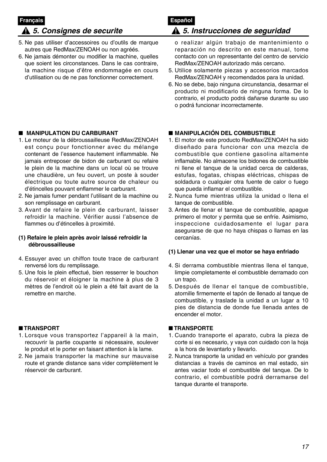 Zenoah BT250 manual Manipulation DU Carburant, Manipulación DEL Combustible, Transporte 