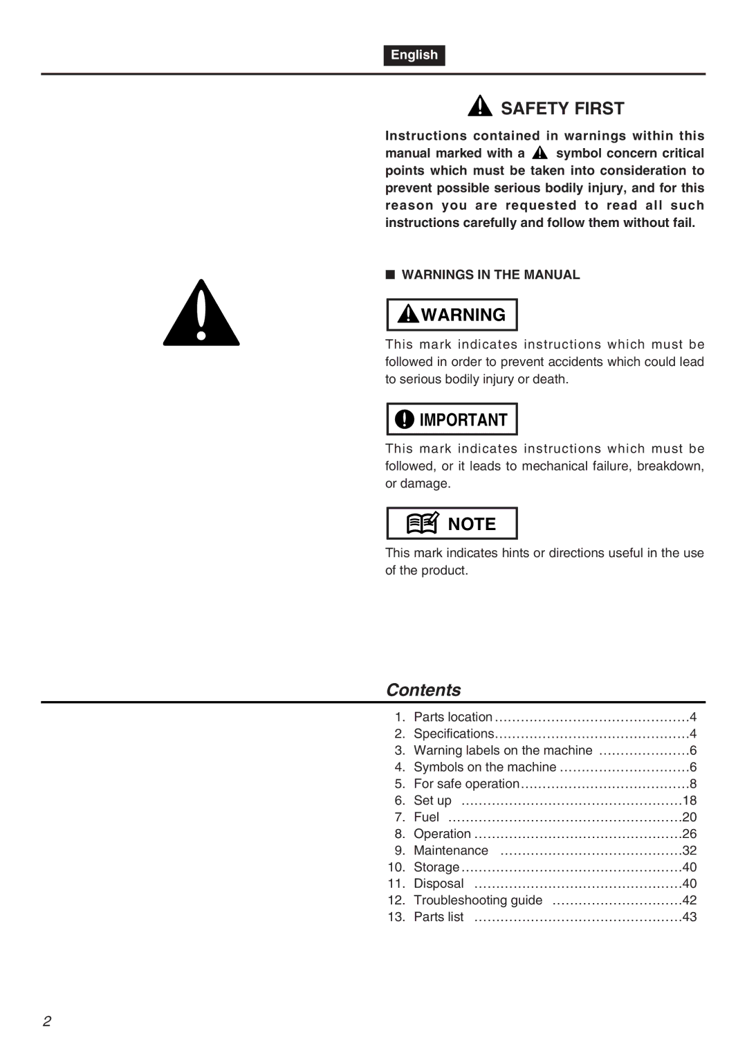 Zenoah BT250 manual Contents 