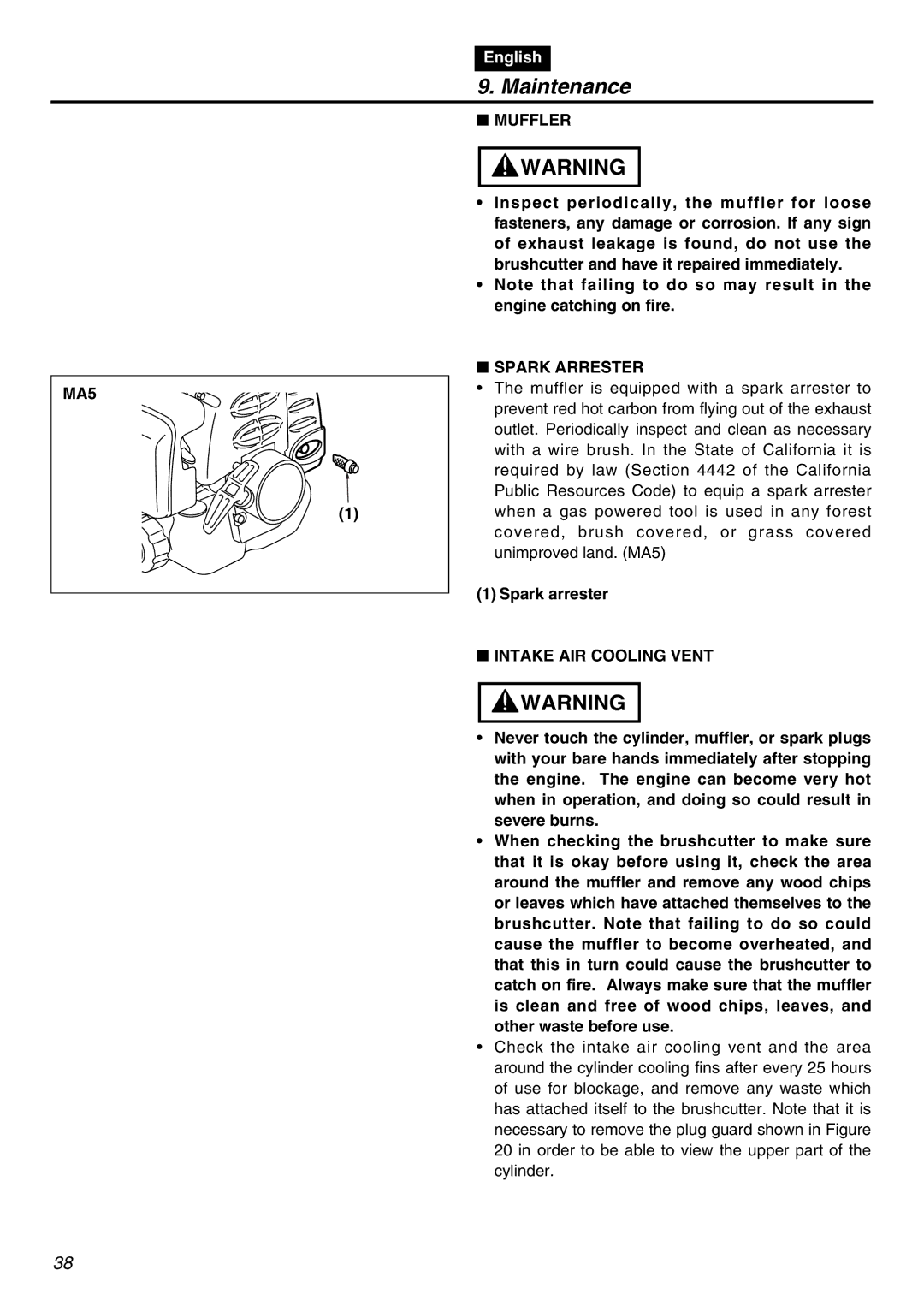 Zenoah BT250 manual Muffler MA5, Spark Arrester, Spark arrester, Intake AIR Cooling Vent 