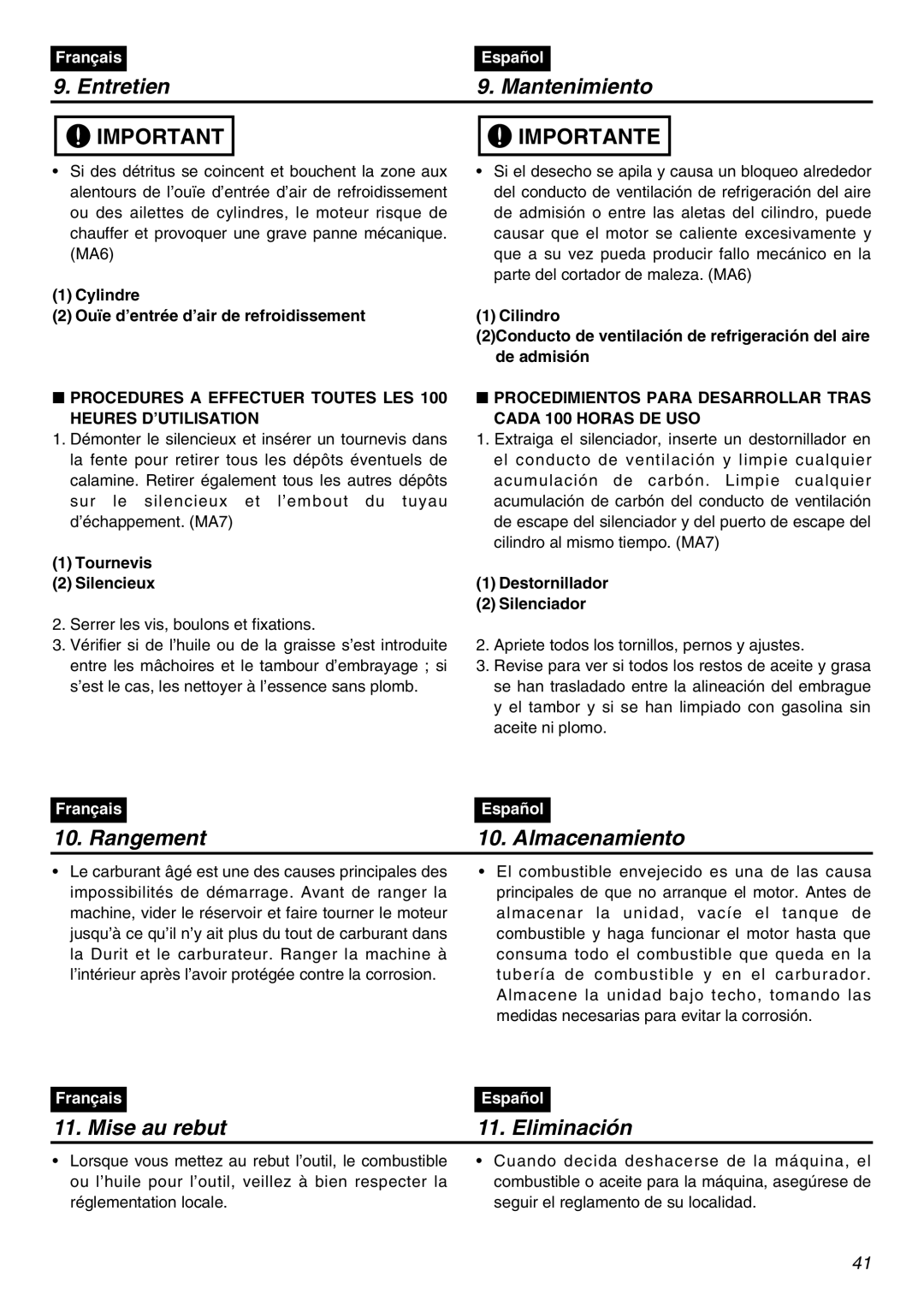 Zenoah BT250 Rangement Almacenamiento, Mise au rebut Eliminación, Procedures a Effectuer Toutes LES Heures D’UTILISATION 