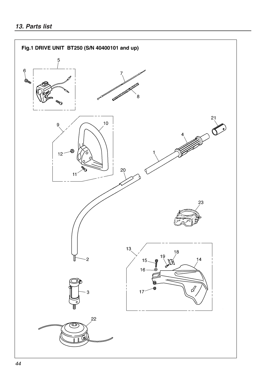 Zenoah manual Parts list, Drive Unit BT250 S/N 40400101 and up 