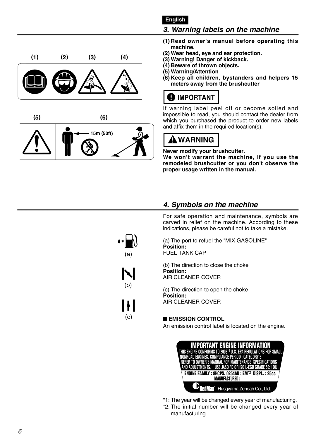 Zenoah BT250 manual Symbols on the machine, Position, Emission Control 