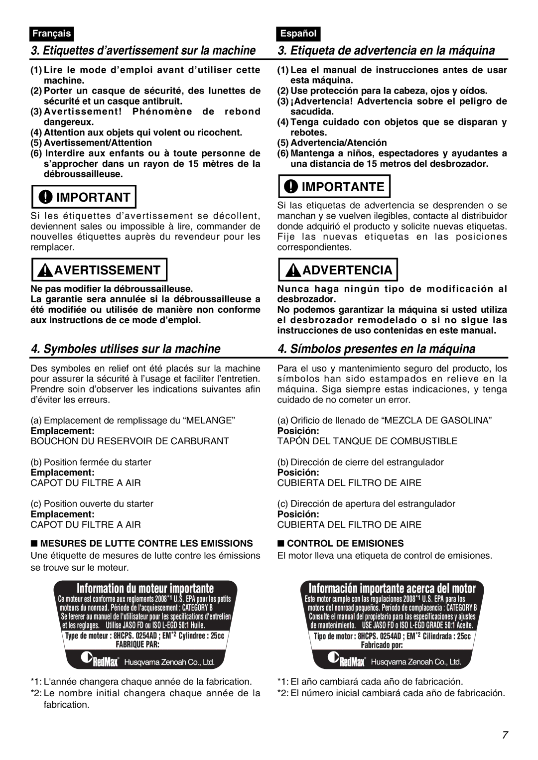 Zenoah BT250 manual Emplacement, Posición, Control DE Emisiones 