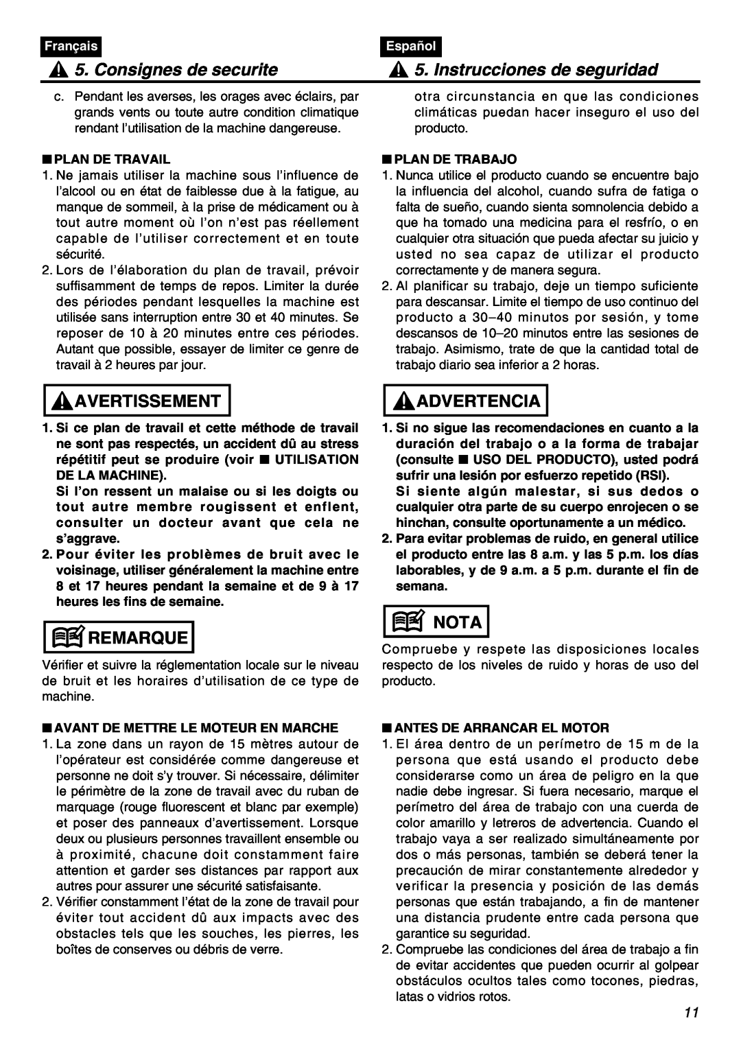 Zenoah BT250 manual Consignes de securite, Instrucciones de seguridad, Avertissement, Remarque, Advertencia, Nota, Français 