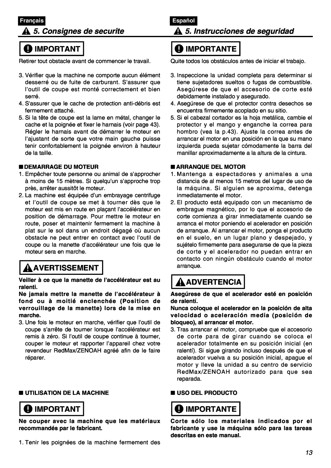 Zenoah BT250 Consignes de securite, Instrucciones de seguridad, Avertissement, Importante, Advertencia, Français, Español 