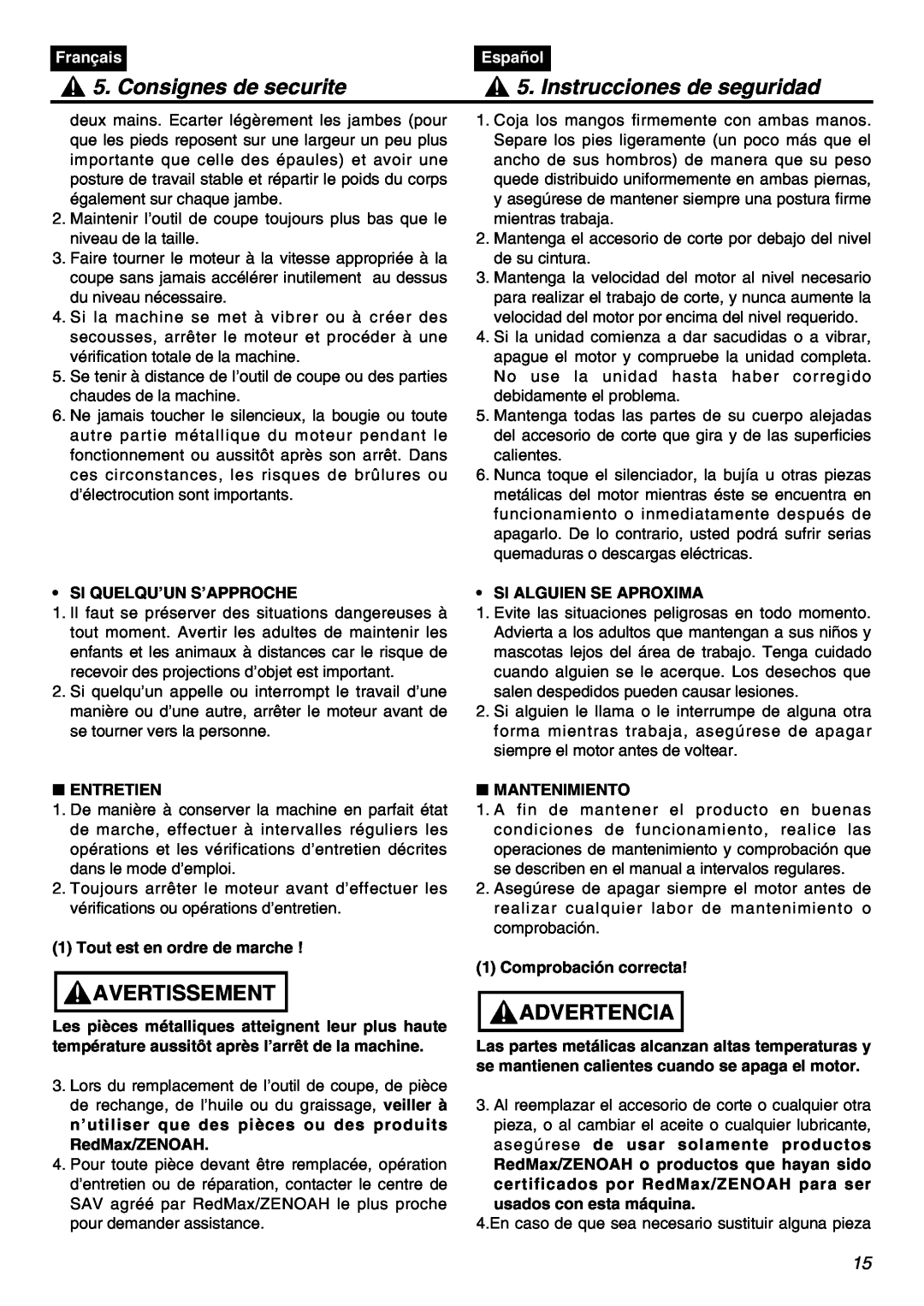 Zenoah BT250 manual Consignes de securite, Instrucciones de seguridad, Avertissement, Advertencia, Français, Español 