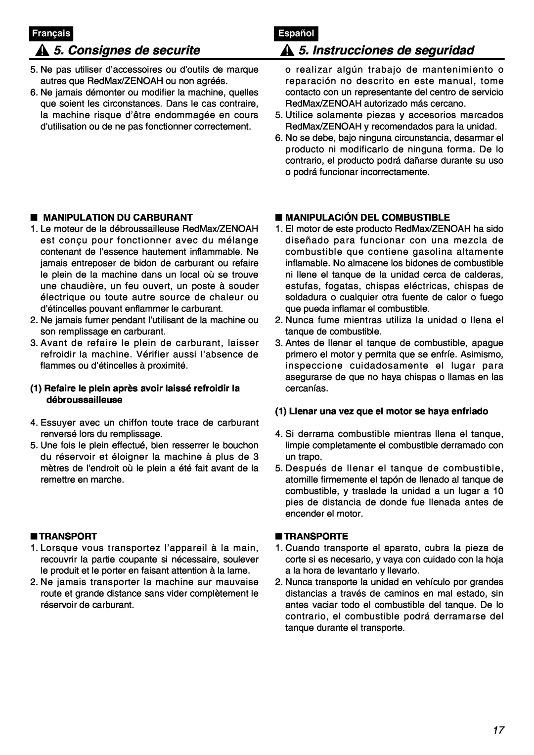 Zenoah BT250 Consignes de securite, Instrucciones de seguridad, Français, Español, Manipulation Du Carburant, Transport 