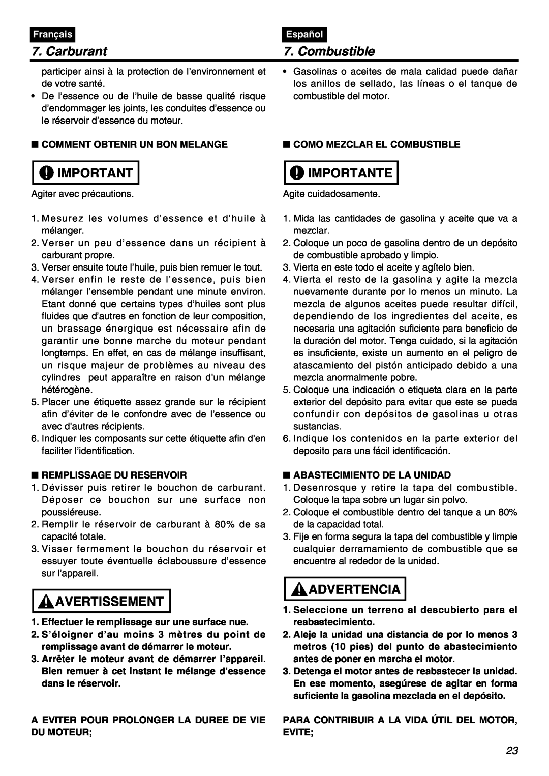 Zenoah BT250 manual Carburant, Combustible, Importante, Avertissement, Advertencia, Français, Español 