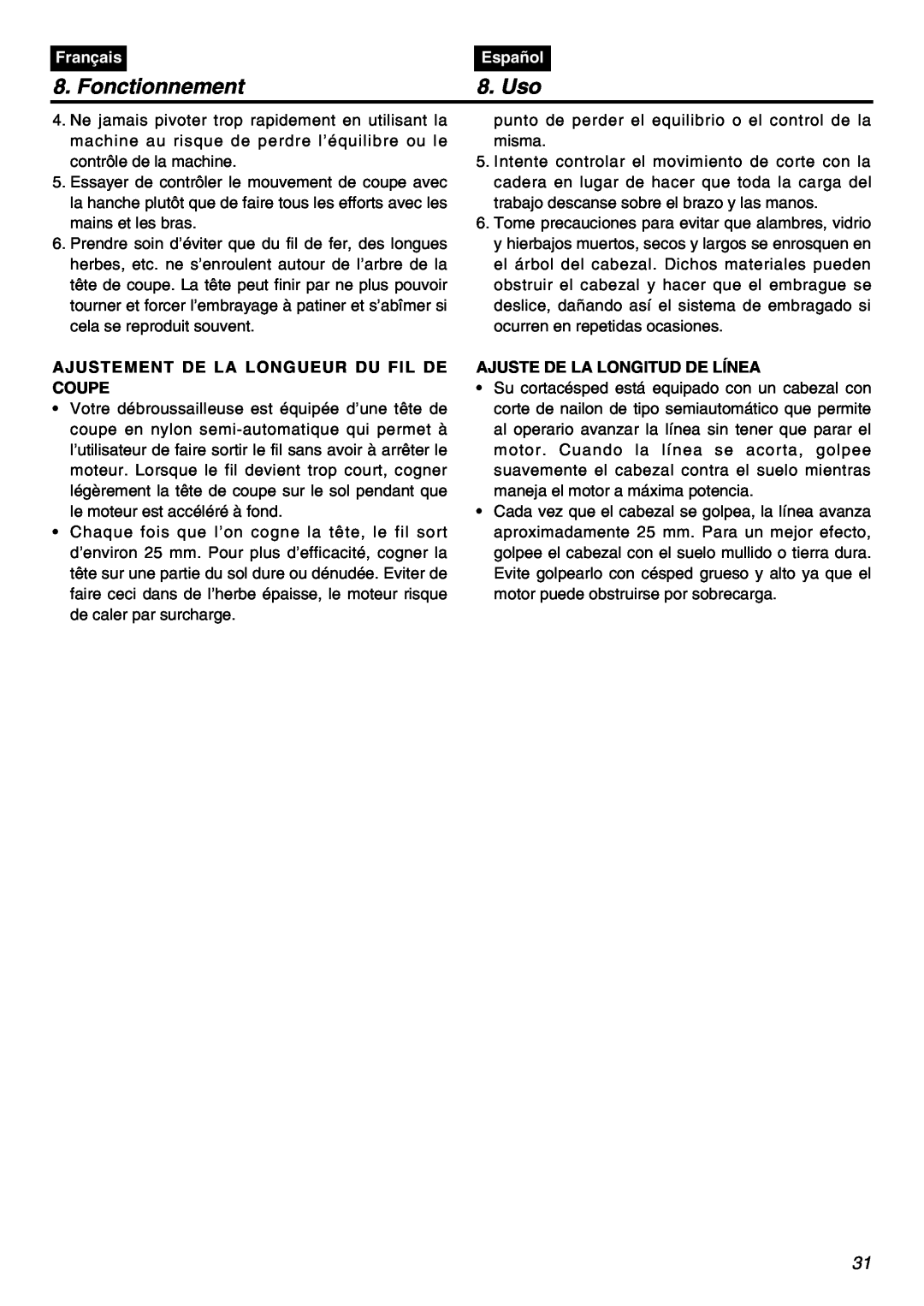 Zenoah BT250 manual Fonctionnement, Uso, Français, Español, Ajustement De La Longueur Du Fil De Coupe 