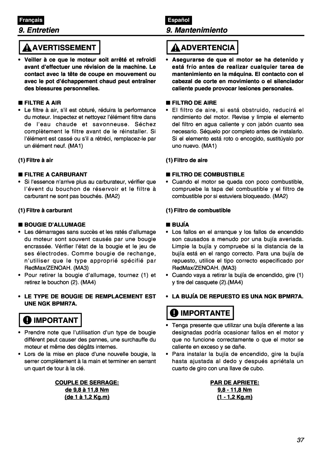 Zenoah BT250 manual Entretien, Mantenimiento, Avertissement, Advertencia, Importante, Français, Español 