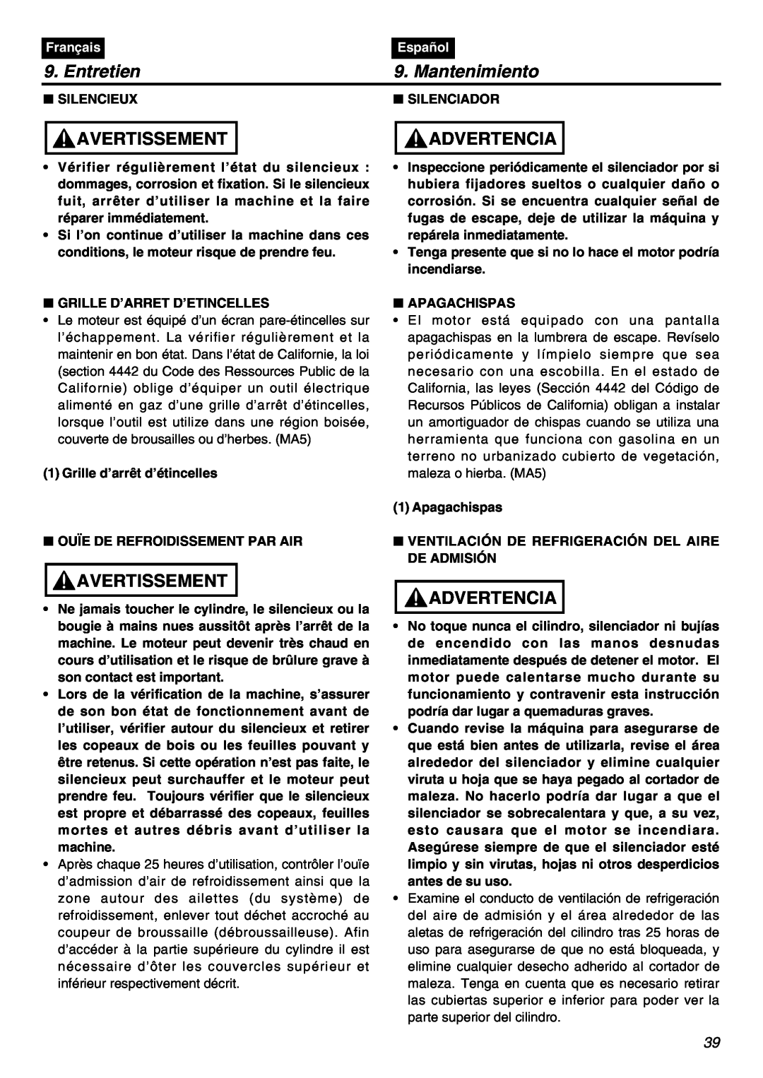 Zenoah BT250 manual Silencieux, Silenciador, Entretien, Mantenimiento, Avertissement, Advertencia, Français, Español 