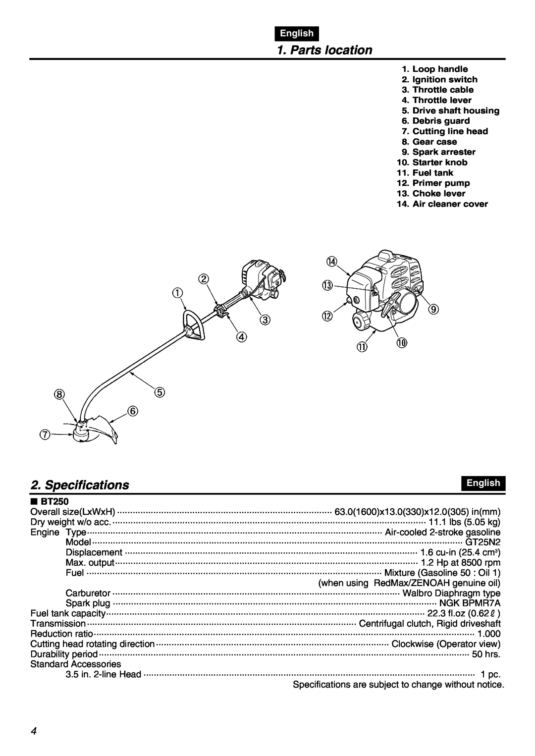 Zenoah BT250 manual Parts location, Specifications, English 