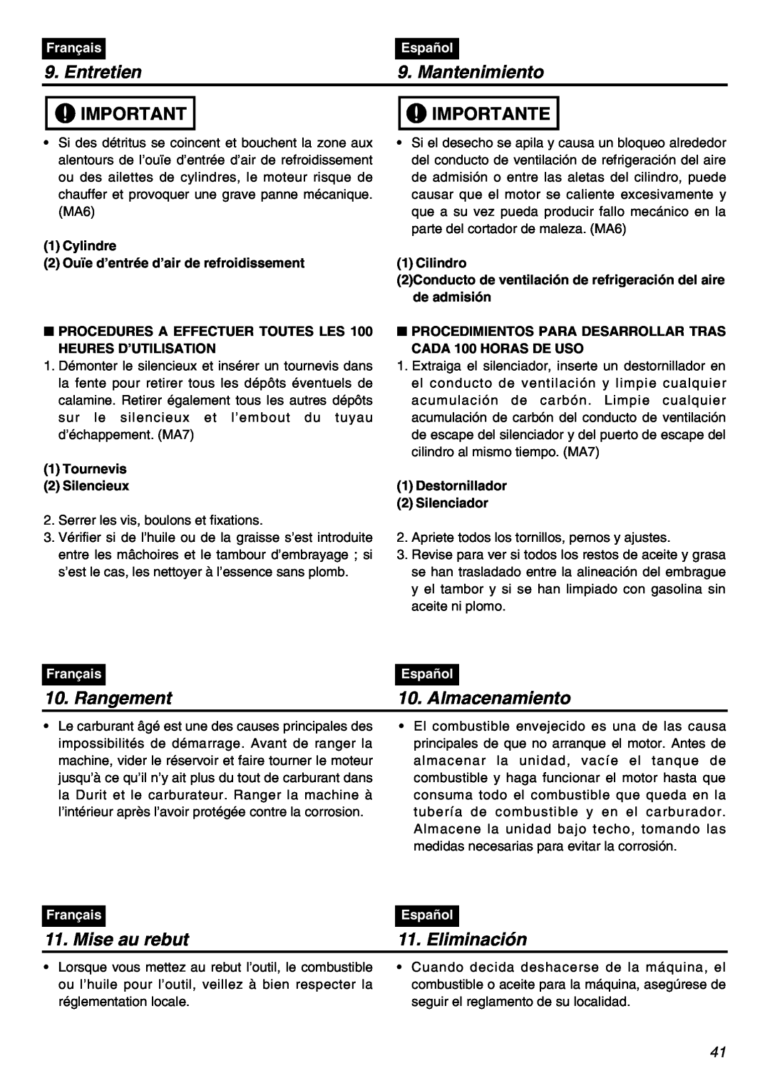 Zenoah BT250 manual Rangement, Almacenamiento, Mise au rebut, Eliminación, Entretien, Mantenimiento, Importante, Français 
