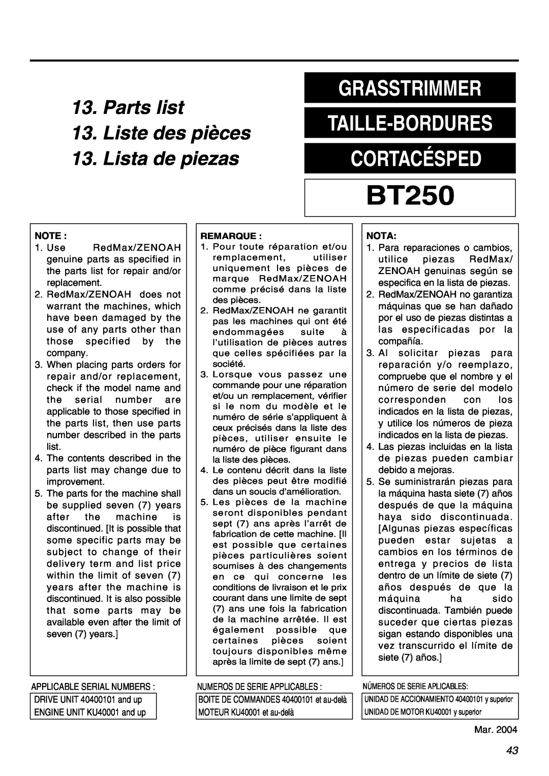 Zenoah BT250 manual Grasstrimmer Taille-Bordures Cortacésped, Parts list 13.Liste des pièces, Lista de piezas 