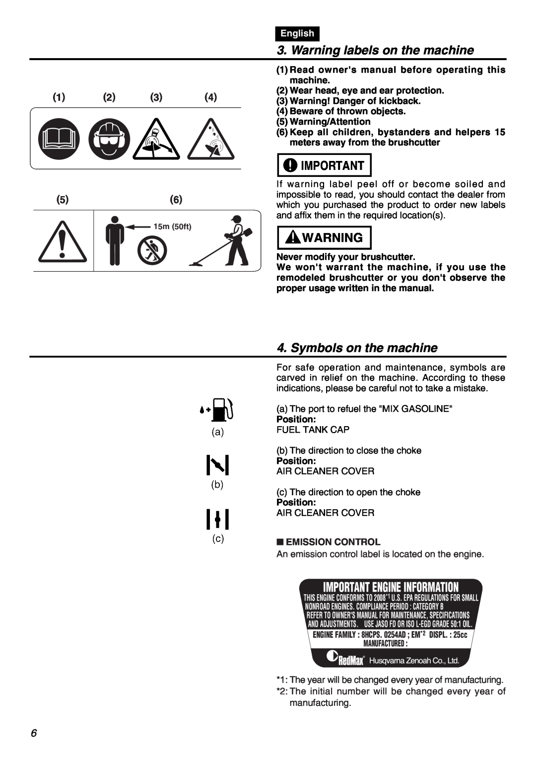 Zenoah BT250 manual Warning labels on the machine, Symbols on the machine, Important Engine Information, English 