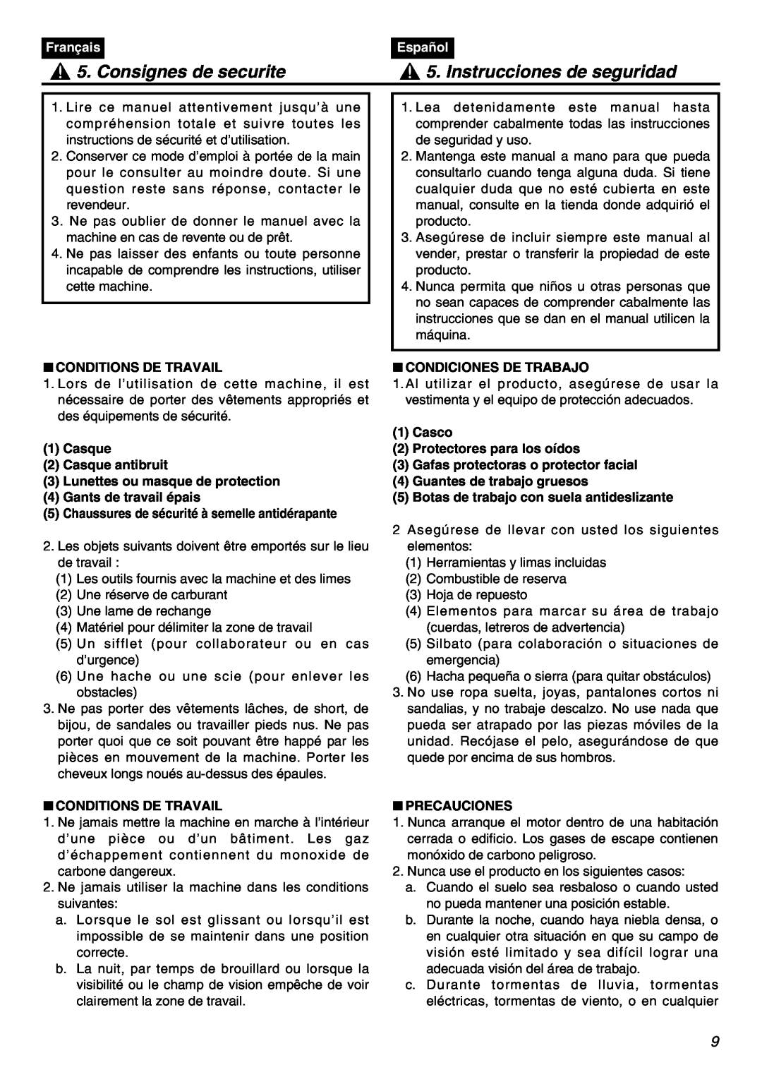 Zenoah BT250 manual Consignes de securite, Instrucciones de seguridad, Français, Español 
