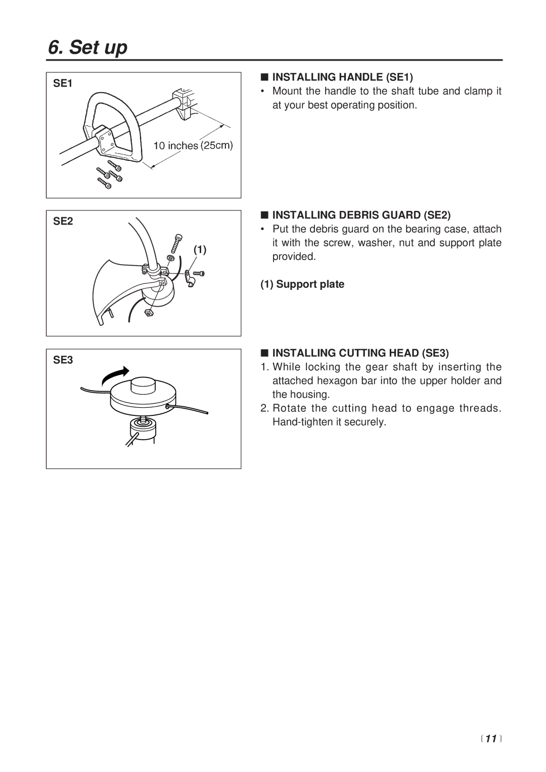 Zenoah BT251 Set up, SE1 SE2 SE3 Installing Handle SE1, Installing Debris Guard SE2, Installing Cutting Head SE3, 11  