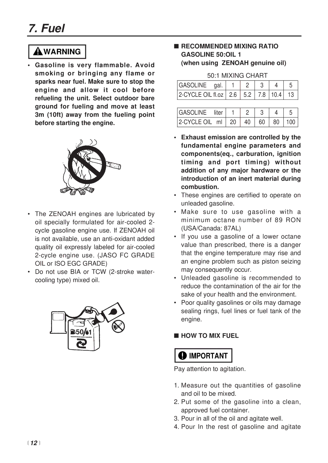 Zenoah BT251 manual 12 , Recommended Mixing Ratio Gasoline 50OIL, HOW to MIX Fuel 