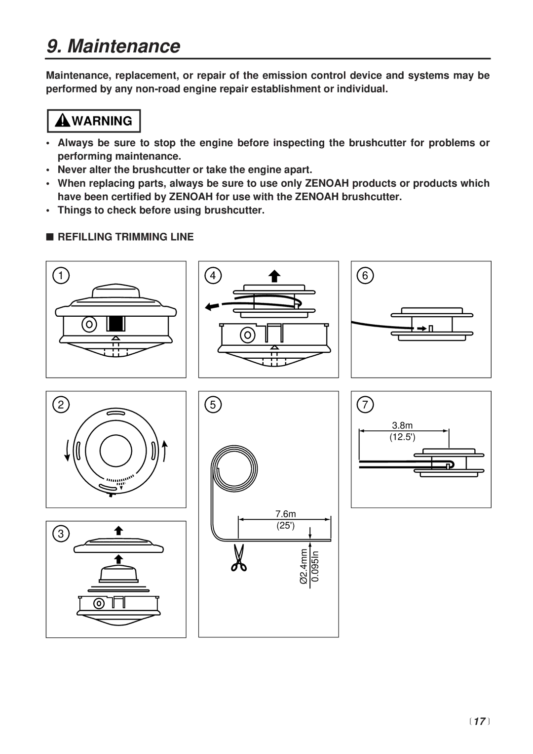 Zenoah BT251 manual Maintenance, Refilling Trimming Line, 17  