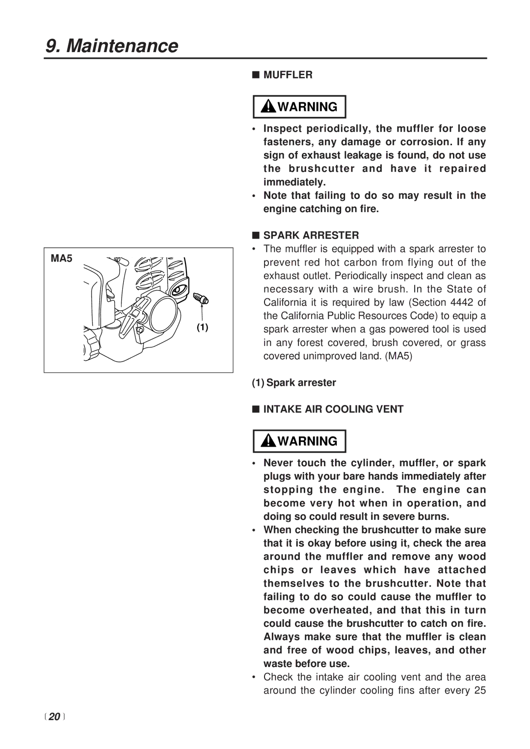 Zenoah BT251 manual MA5, 20 , Muffler, Spark Arrester, Intake AIR Cooling Vent 