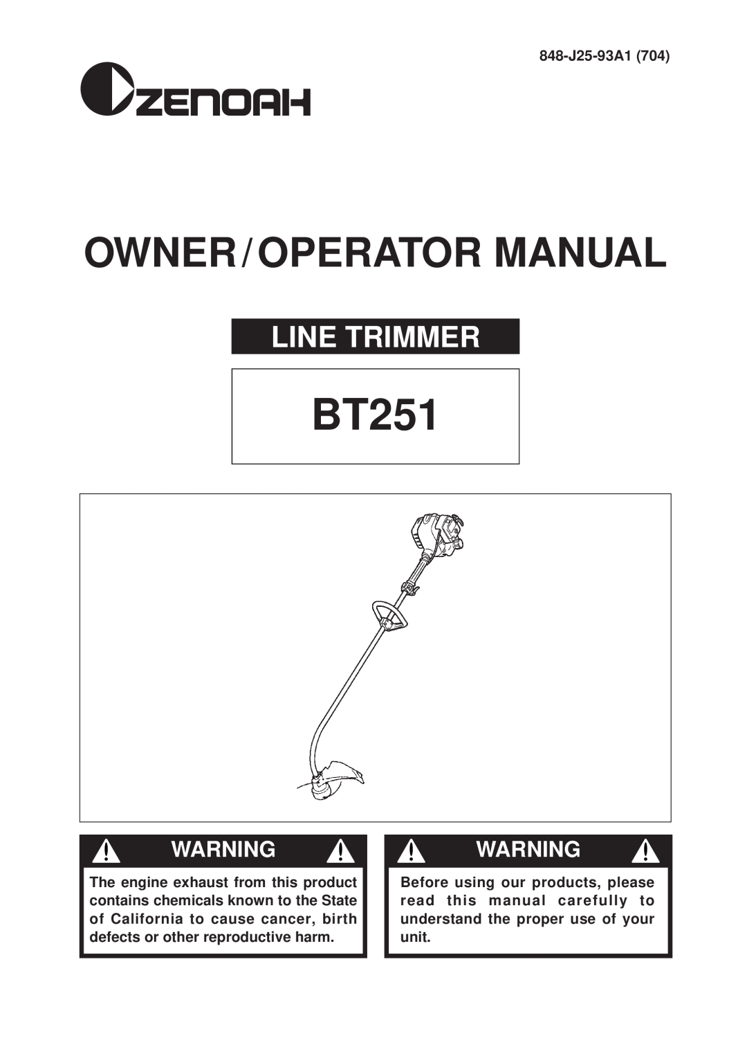 Zenoah BT251 manual Owner / Operator Manual, Line Trimmer 