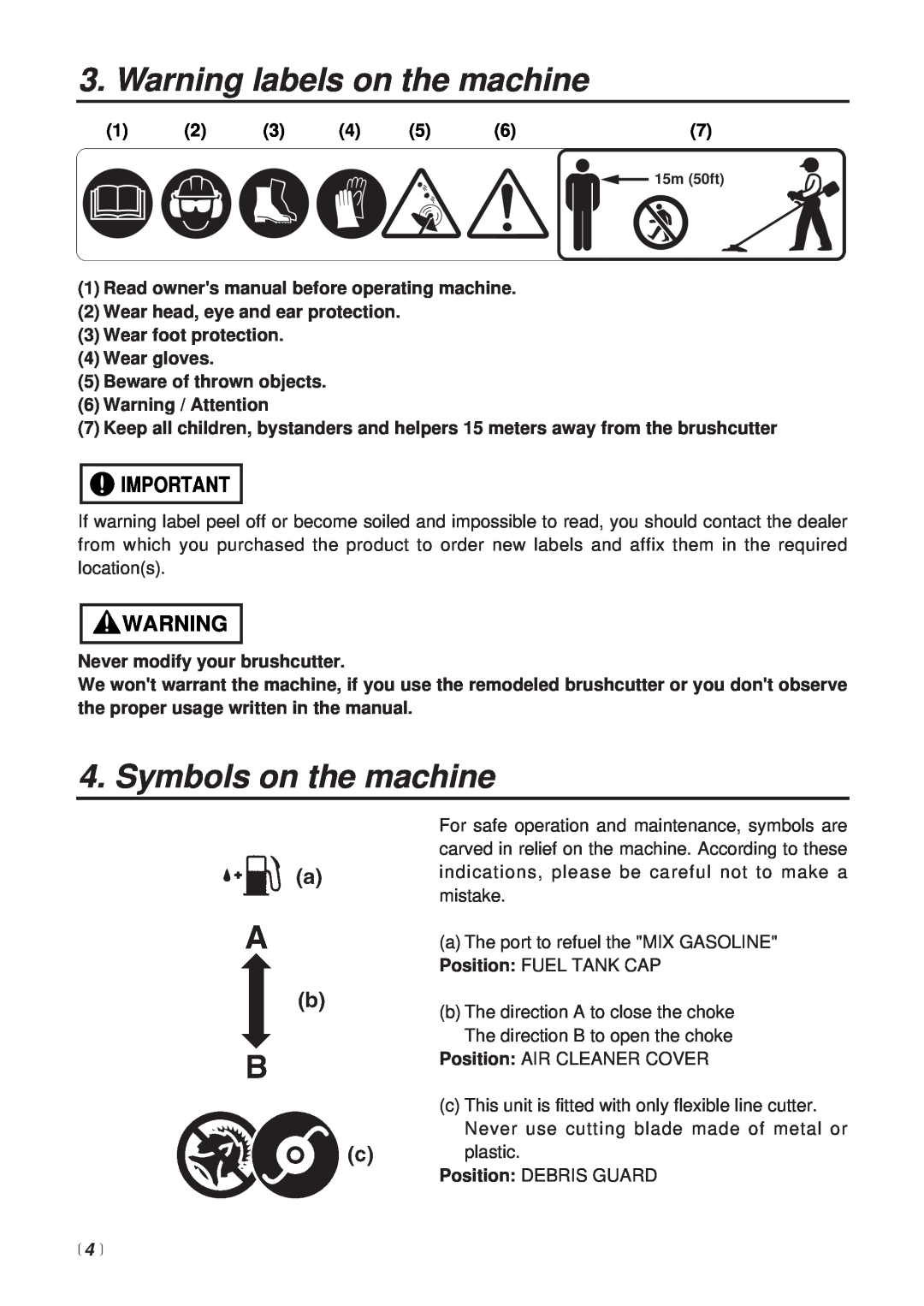 Zenoah BT251 manual Warning labels on the machine, Symbols on the machine, 4  