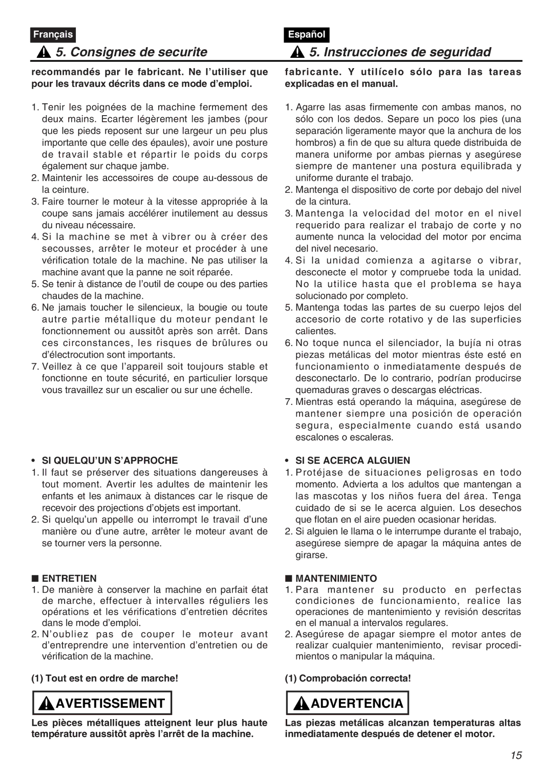 Zenoah CHT2200 Consignes de securite Instrucciones de seguridad, Si Quelqu’Un S’Approche, Entretien, SI SE Acerca Alguien 