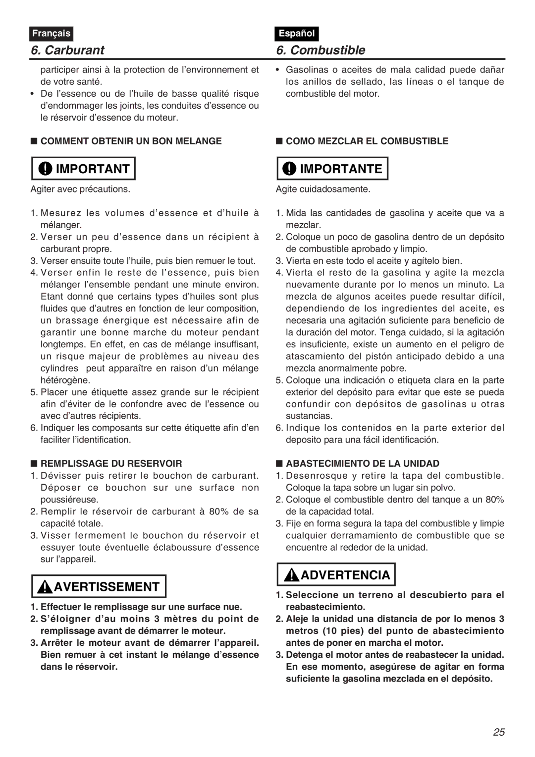 Zenoah CHT2200 manual Comment Obtenir UN BON Melange Como Mezclar EL Combustible, Remplissage DU Reservoir 