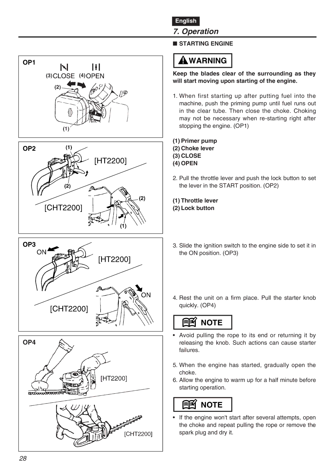 Zenoah CHT2200 manual Operation, Starting Engine, Close 