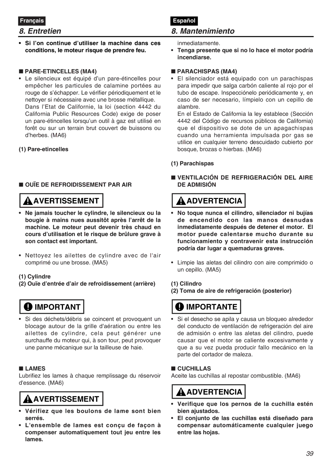 Zenoah CHT2200 manual PARE-ETINCELLES MA4, Parachispas MA4, Ventilación DE Refrigeración DEL Aire, Lames, Cuchillas 