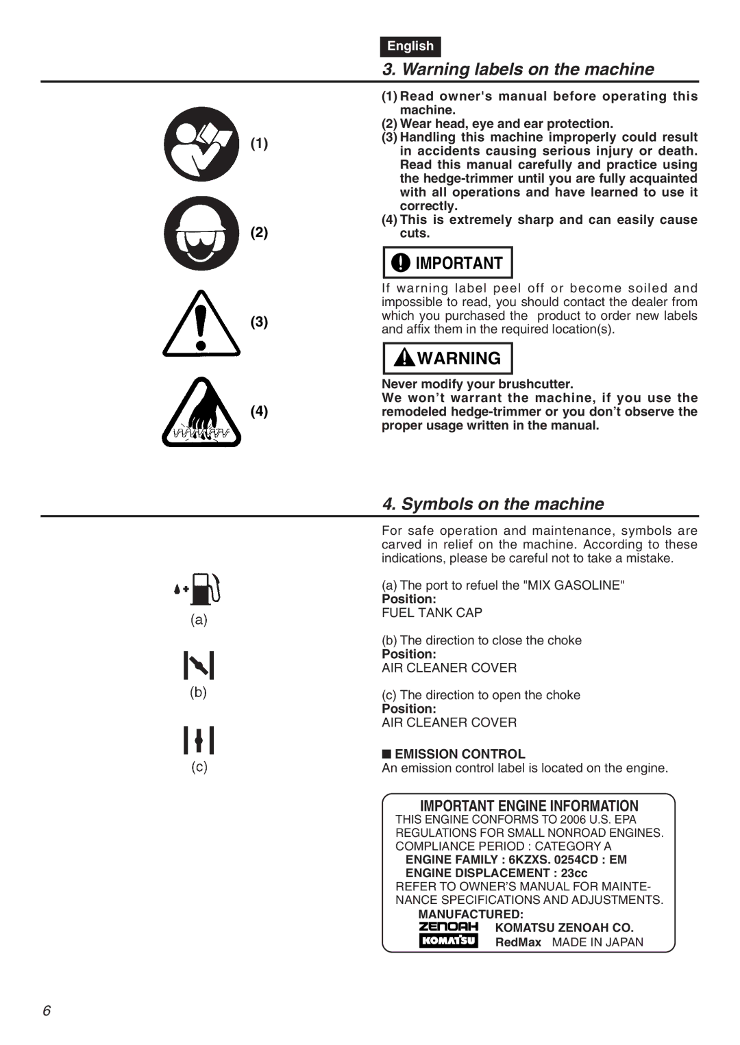 Zenoah CHT2200 manual Symbols on the machine, Emission Control 