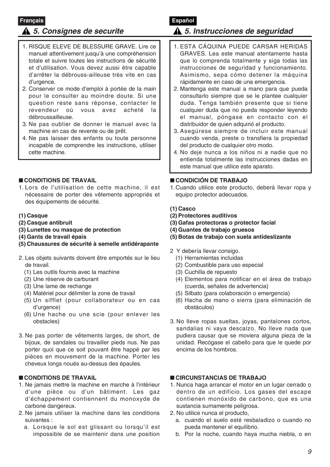 Zenoah CHT2200 manual Consignes de securite Instrucciones de seguridad, Conditions DE Travail, Condición DE Trabajo 