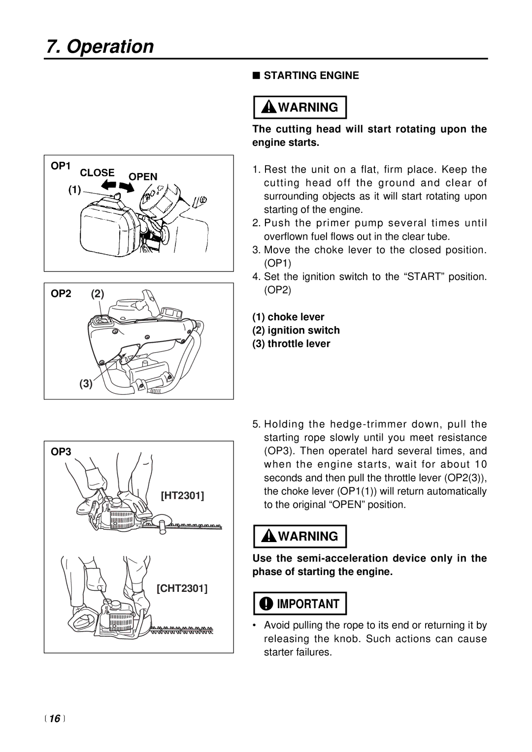 Zenoah CHT2301, HT2301 manual Operation, OP1 OP2 OP3, 16 , Starting Engine 