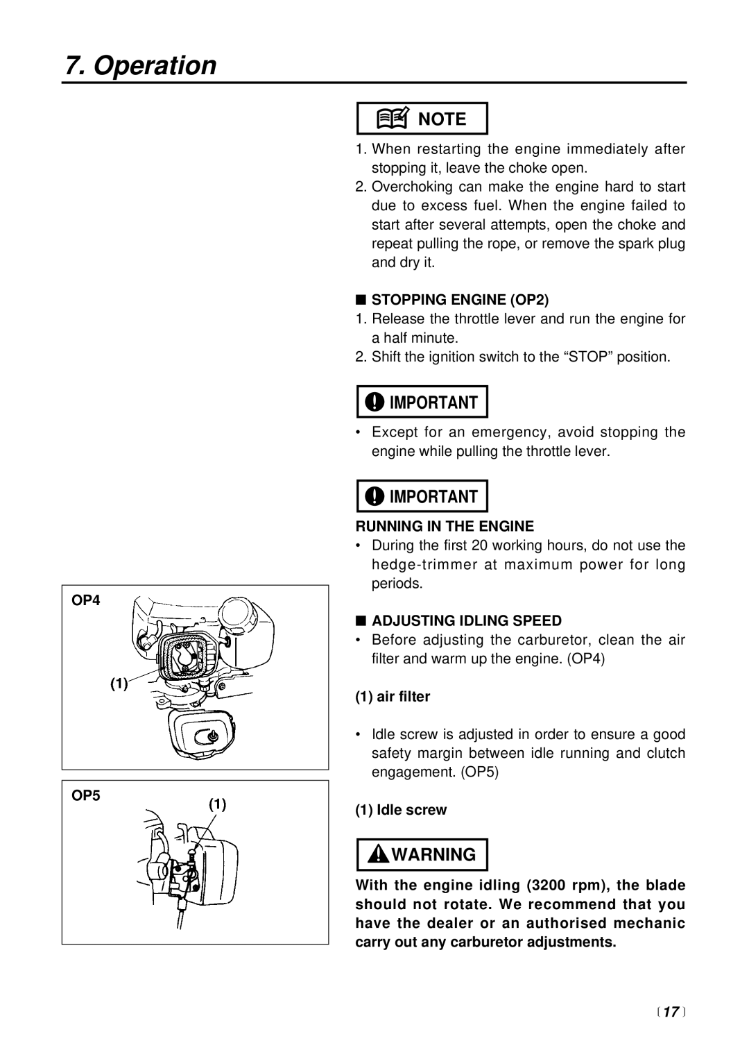 Zenoah CHT2301, HT2301 manual OP4 OP5, Stopping Engine OP2, Running in the Engine, Adjusting Idling Speed,  17  