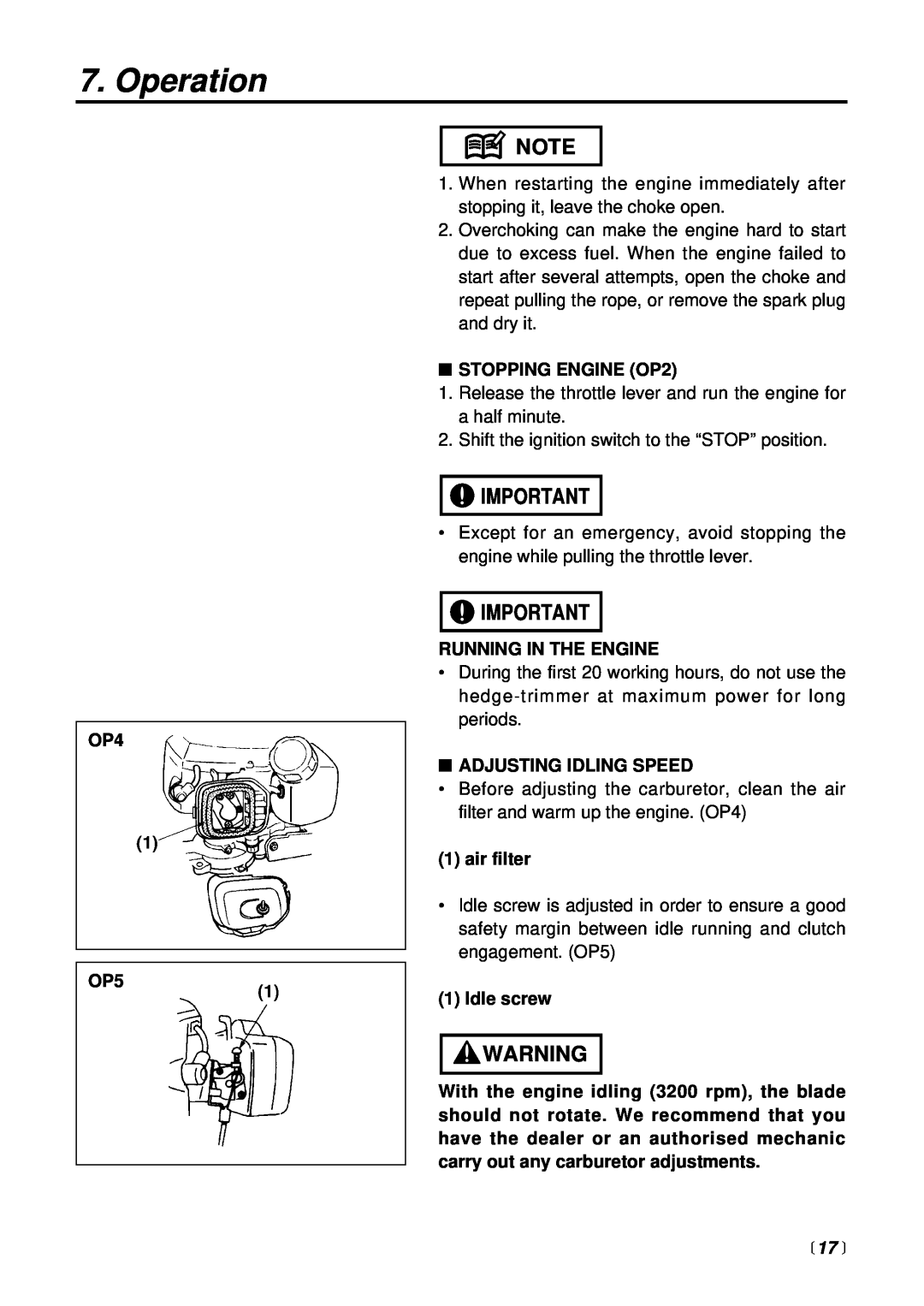 Zenoah CHT2301, HT2301 manual 17 , Operation, OP4 OP5, STOPPING ENGINE OP2, Running In The Engine, Adjusting Idling Speed 