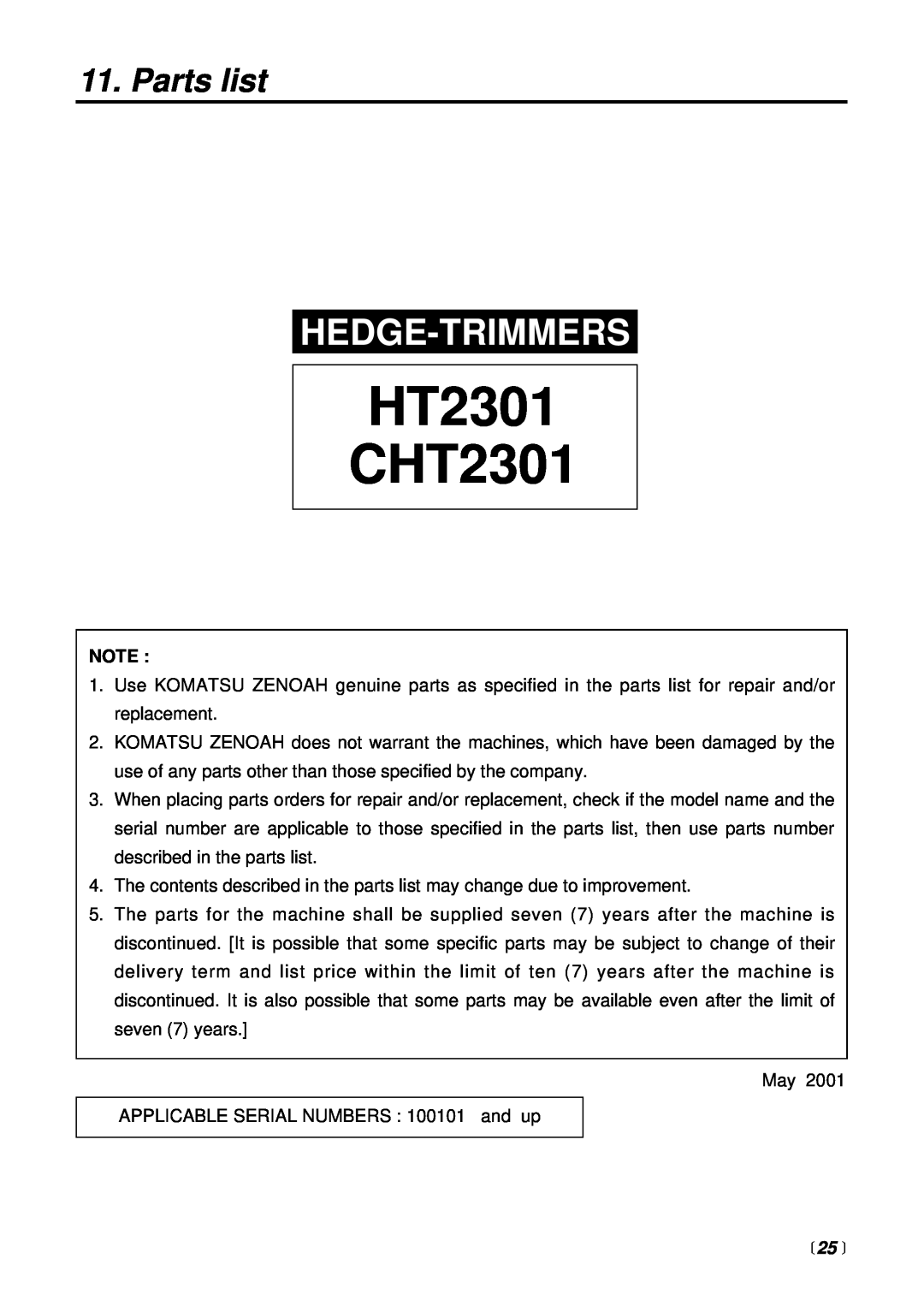 Zenoah CHT2301, HT2301 manual Parts list, 25 , HT2301 CHT2301, Hedge-Trimmers 