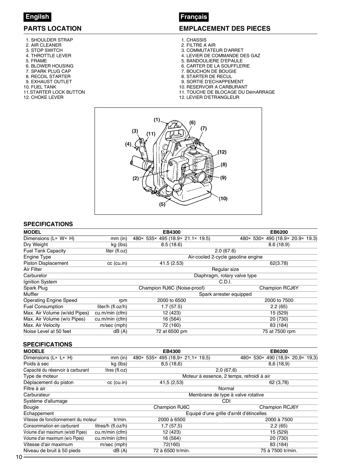 Zenoah EB430, EB440 owner manual Parts Location, Emplacement DES Pieces, Specifications, Modele 