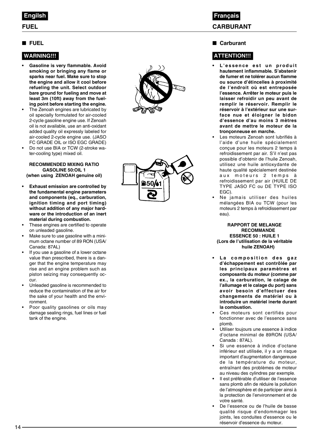 Zenoah EB430 Fuel, Carburant, Recommended Mixing Ratio Gasoline 50OIL, Rapport DE Melange Recommande Essence 50 Huile 