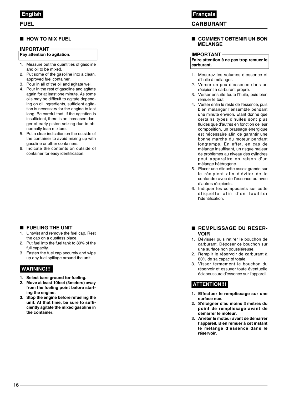 Zenoah EB430, EB440 HOW to MIX Fuel, Comment Obtenir UN BON Melange, Fueling the Unit, Remplissage DU Reser Voir 